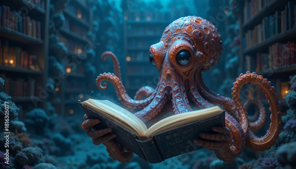 Obraz Octopus Reading a Book in Magical Blue Library