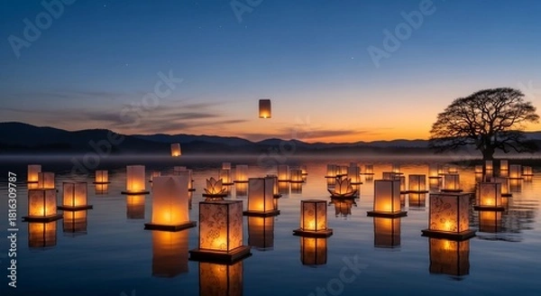 Fototapeta Floating Lanterns on Water at Sunset.