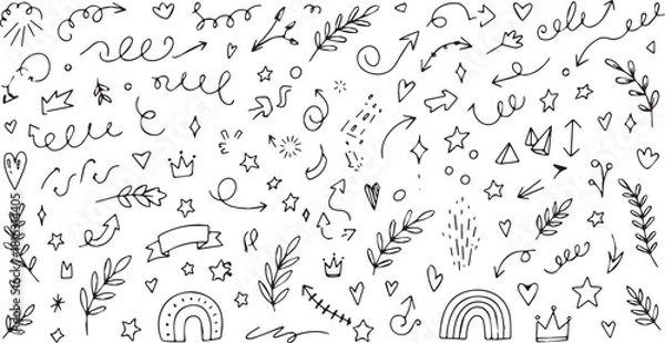 Fototapeta Collection of hand-drawn doodle design elements vector illustration of decorative swirls arrows stars and floral accents for creative projects