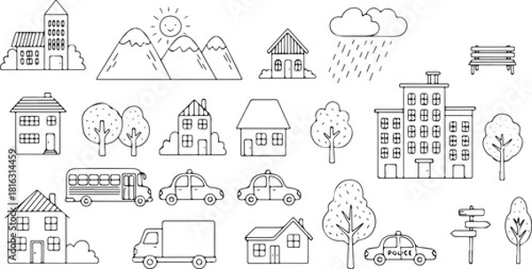 Fototapeta Collection of outline city elements including buildings vehicles and nature simple vector illustration for infographic and design