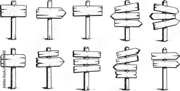 Fototapeta Collection of rustic wooden signposts hand-drawn vector illustrations for navigation direction and wayfinding