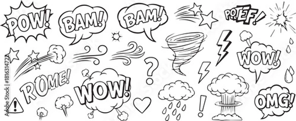 Fototapeta Collection of hand-drawn comic speech bubbles and elements vector illustration in doodle style background