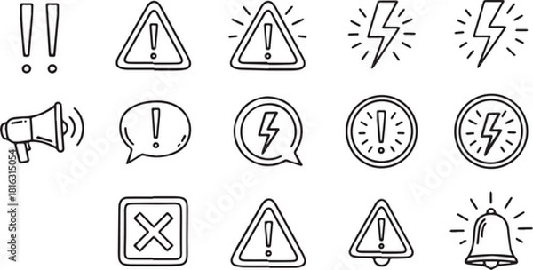 Fototapeta Hand-drawn alert and warning icons simple line art vector symbols for attention danger and notification messages background