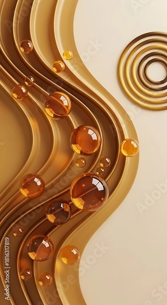 Fototapeta Abstract wavy gold background with transparent spheres and concentric rings