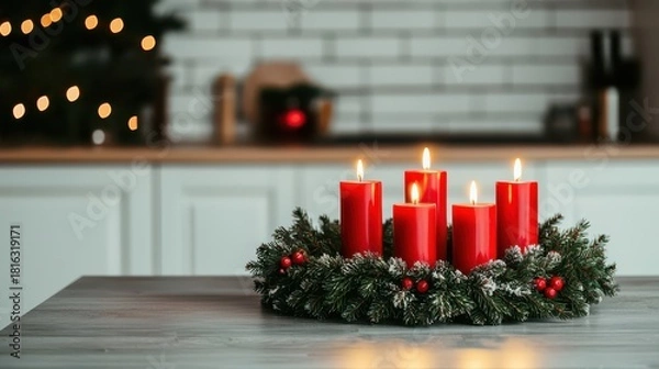 Obraz A cozy holiday centerpiece featuring red candles surrounded by evergreen and festive decorations on a kitchen table.