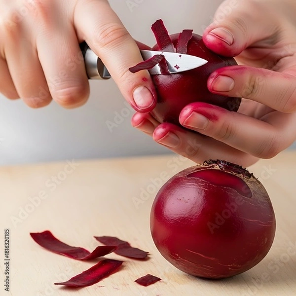 Fototapeta Beetroot preparation process, hands peeling fresh beetroot with small knife