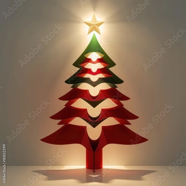 Obraz Modern decorative Christmas tree with star on neutral background  