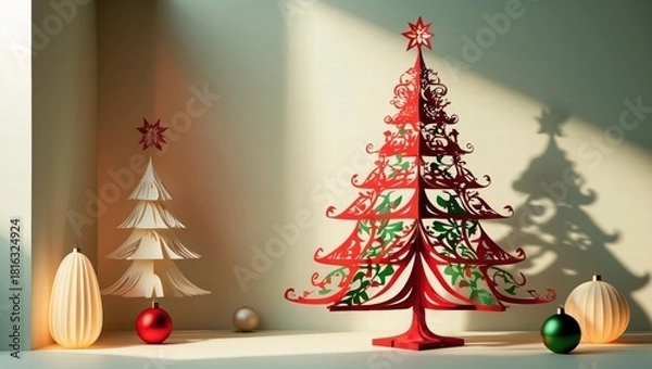 Obraz Decorative Christmas trees with ornaments on a softly lit surface  