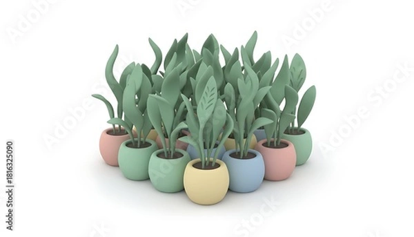 Obraz 3D cartoon clay pastel indoor plant pots arranged in a clean geometric layout, featuring soft green leaves and smooth rounded shapes, isolated on white background.