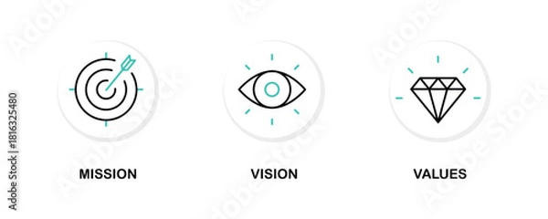 Fototapeta Mission. Vision. Values. Web page template. Modern flat design concept. Purpose business concept. Mission symbol illustration. Success and growth concepts. Business vision presentation