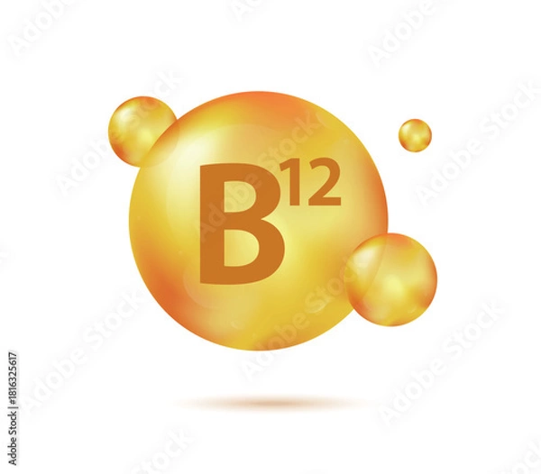 Fototapeta Vitamin B12 gold capsule. Pill capcule vector illustration isolated on white background. Nutrition skin care. Beauty and health vector concept. Cobalamin vitamin drop pill capsule