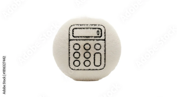 Fototapeta Fuzzy white ball with calculator symbol on it against white background 
