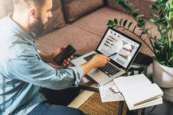 Obraz Rear view. Young hipster man, entrepreneur sits at home on couch at coffee table, holding smartphone, showing pencil on screen of laptop with graphs, charts, diagrams. Online marketing, e-learning.
