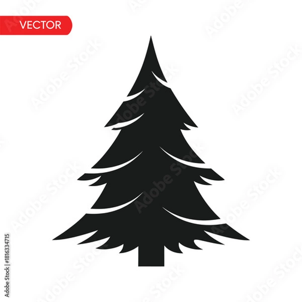 Fototapeta Black Silhouette of a Classic Pine Tree with Layered Branches on a White Background christmas tree black and white