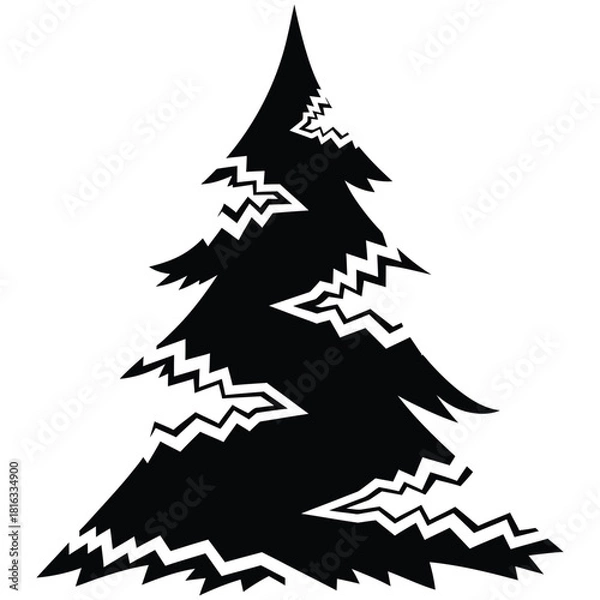 Fototapeta Black Silhouette of a Pine Tree with Jagged, Stylized Branches and a Pointed Top christmas tree black and white