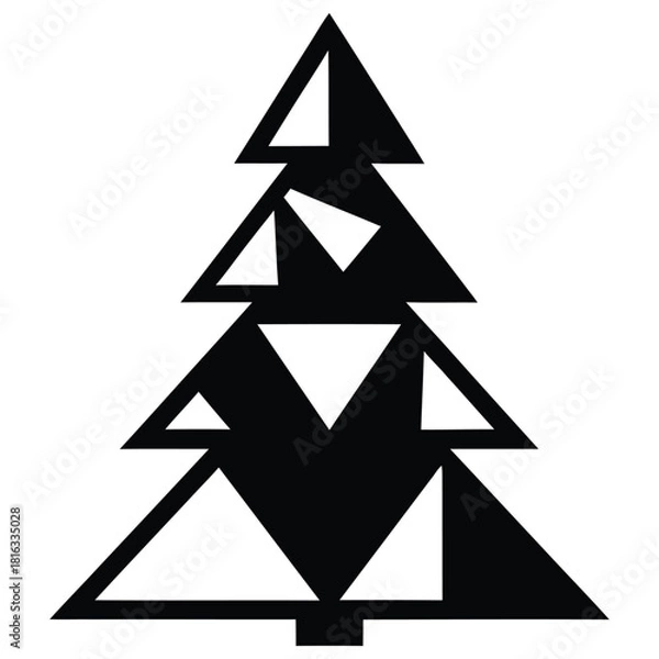 Fototapeta Black Silhouette of a Stylized Christmas Tree with Geometric Cutouts on White Background pine tree evergreen