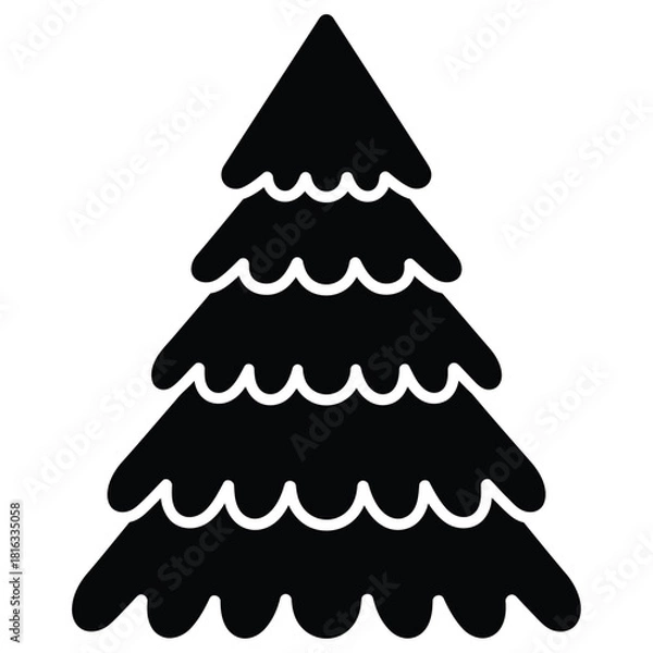 Fototapeta Black Silhouette of a Stylized Christmas Tree with Scalloped Layers on White Background pine tree evergreen