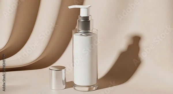Fototapeta Clear bottle with pump dispenser and silver cap, with soft shadows and curved elements against a beige background.