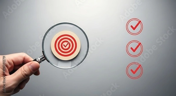 Fototapeta Magnifying glass focusing on target with check marks on gray background
