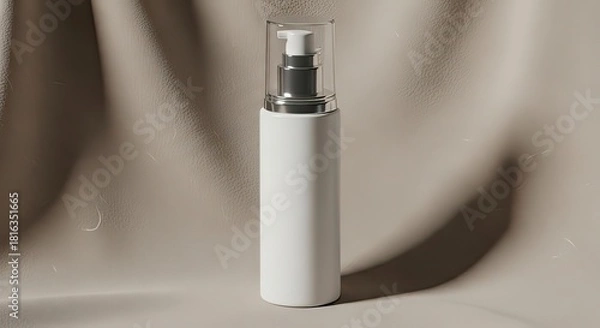 Fototapeta White pump bottle with clear cap on a beige surface, casting soft shadows, showcasing minimalist design and product presentation.