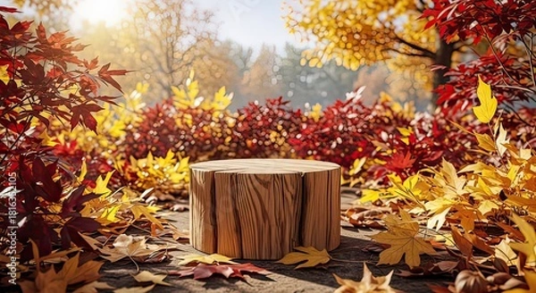 Fototapeta Autumn scene featuring a wooden pedestal surrounded by colorful fall foliage, with trees and sunlight in the background.