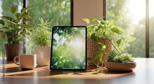 Fototapeta A tablet displays a nature scene, surrounded by potted plants and a cup of coffee on a wooden table near a window with a green view.