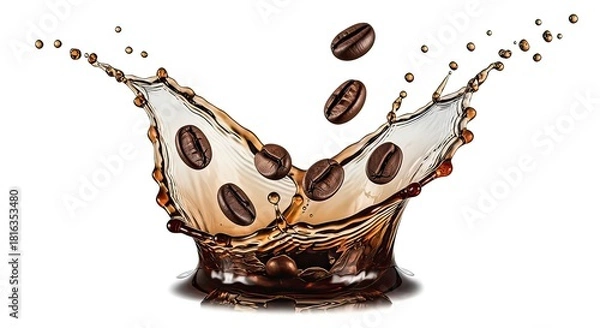 Fototapeta Coffee beans falling into liquid, creating a splash with droplets, showcasing the dynamics of coffee preparation and beverage creation.
