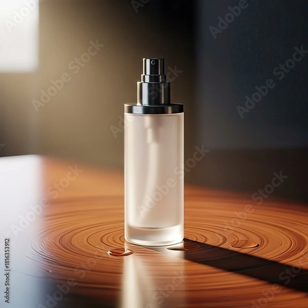 Fototapeta A clear glass bottle with a black pump sits on a wooden surface, reflecting light and showcasing a minimalist aesthetic.