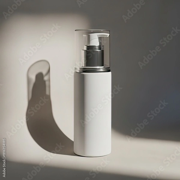 Fototapeta A white cylindrical bottle with a pump dispenser and clear cap stands in a pool of light, casting a long shadow on a neutral background.