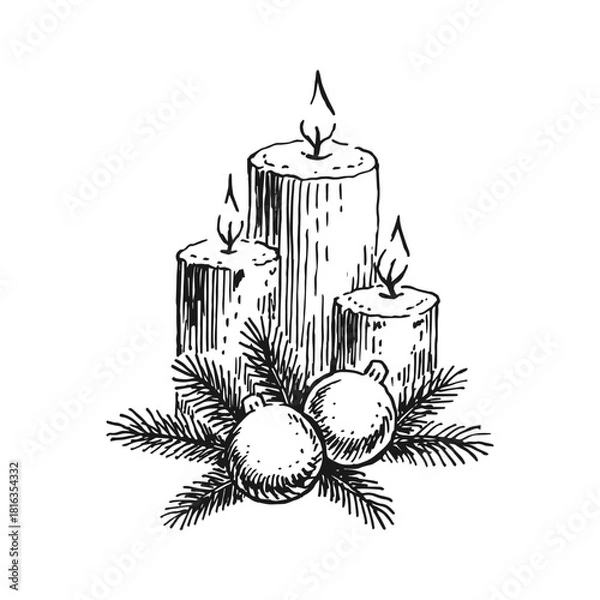 Obraz Holiday three candles and  pine branches, christmas baubles for festive decorations.
