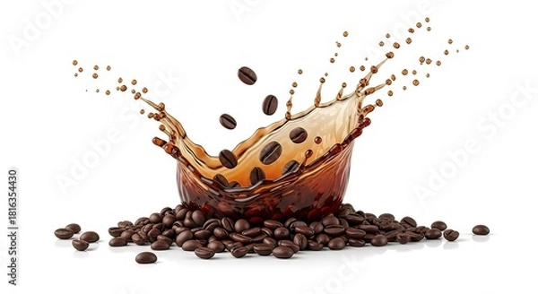 Fototapeta Coffee beans falling into liquid, creating a splash with droplets, surrounded by a pile of coffee beans on a white background.