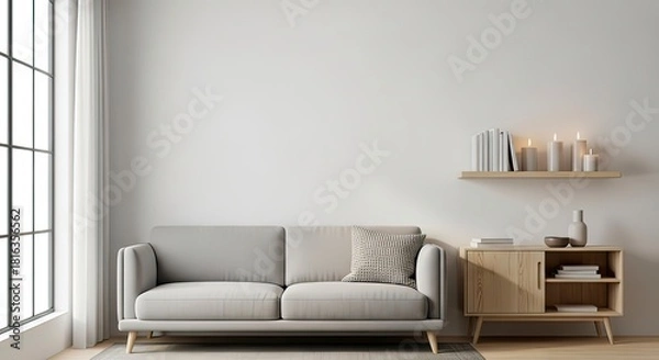 Fototapeta Minimalist living room interior featuring a light gray sofa, wooden cabinet, shelf with books and candles, and a large window.