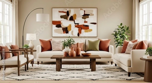 Fototapeta A living room interior featuring two sofas, two armchairs, a coffee table, and an abstract painting, all in warm, neutral tones.
