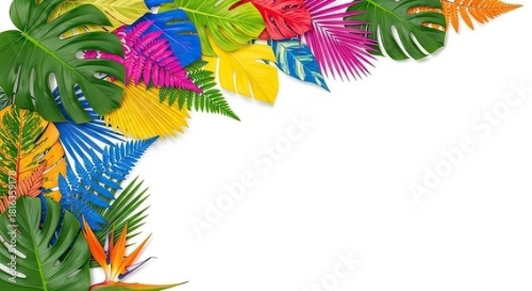 Fototapeta Vibrant assortment of colorful tropical leaves and a bird of paradise flower arranged in the upper left and lower left corners against a clean white background.