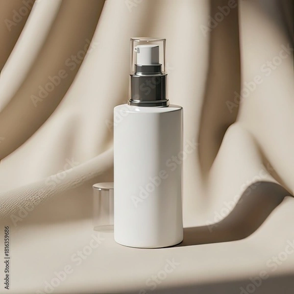 Fototapeta A white cosmetic bottle with a black pump sits against a draped beige fabric backdrop, casting soft shadows.