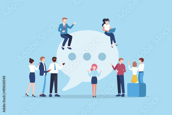 Fototapeta Diverse team collaboration with speech bubble communication and social media concept