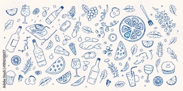 Fototapeta Hand drawn food and drink doodle pattern in blue ink