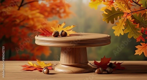 Fototapeta A wooden pedestal table sits on a surface, adorned with colorful autumn leaves and acorns, set against a blurred background of fall foliage.