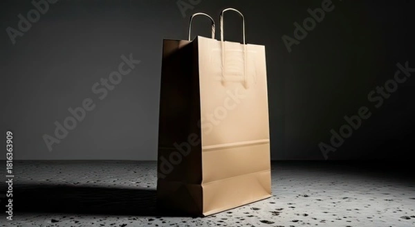 Fototapeta A plain brown paper shopping bag with handles stands upright on a speckled surface against a dark, shadowed background.