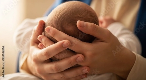 Fototapeta Mother cradling newborn baby in her hands indoors with soft light  