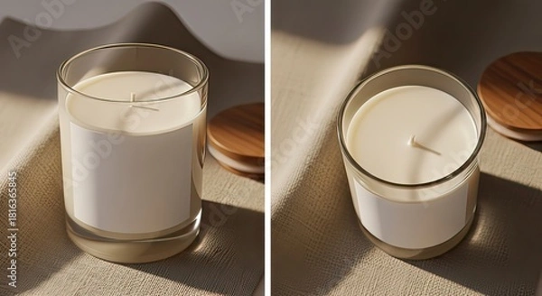 Fototapeta Two soy wax candles in clear glass containers with wooden lids are displayed on a beige linen surface in natural sunlight.