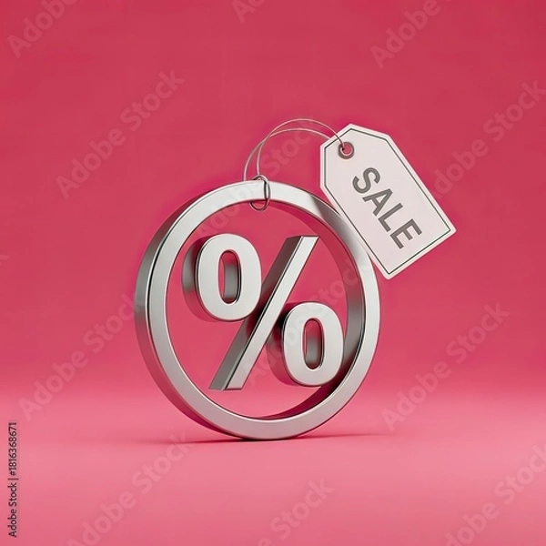 Fototapeta Silver percentage symbol inside a circle with a sale tag hanging from it, set against a pink background.