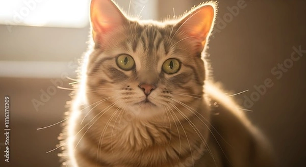 Fototapeta "Adorable domestic cat in warm natural lighting, sharp detail, expressive eyes, soft fur texture, cozy indoor atmosphere, professional pet photography, high-resolution portrait