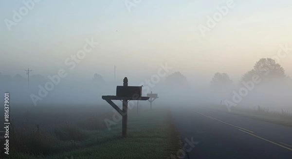 Obraz Foggy morning landscape with mailbox silhouetted against soft sky