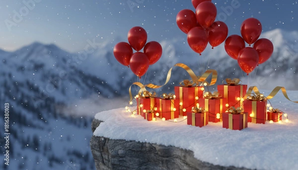 Obraz A mountain top covered in snow and red balloons and presents. The scene is festive and joyful, with the balloons and presents adding to the holiday spirit