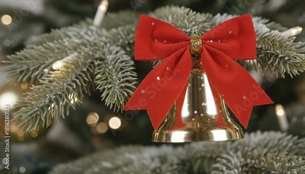 Obraz A red bell is hanging from a Christmas tree. The bell is gold and has a red ribbon tied around it. The tree is decorated with lights and the scene is festive and joyful