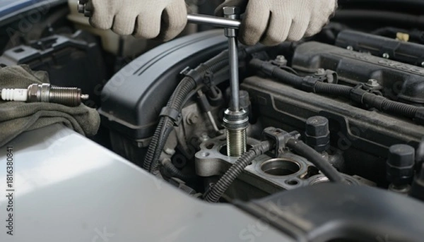 Obraz A mechanic is working on a car engine, tightening a bolt with a wrench. Concept of precision and expertise, as the mechanic carefully handles the tools and performs the task