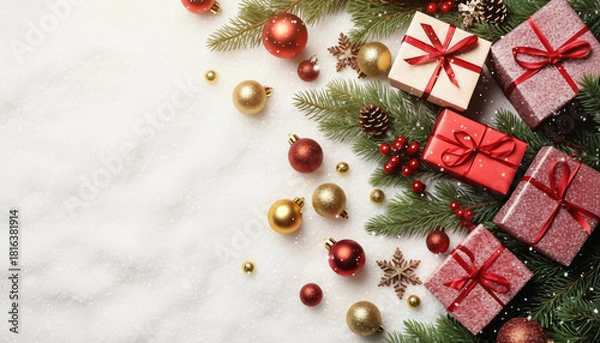 Obraz A Christmas tree with red and gold ornaments and presents. The tree is surrounded by snow and the presents are arranged in a row