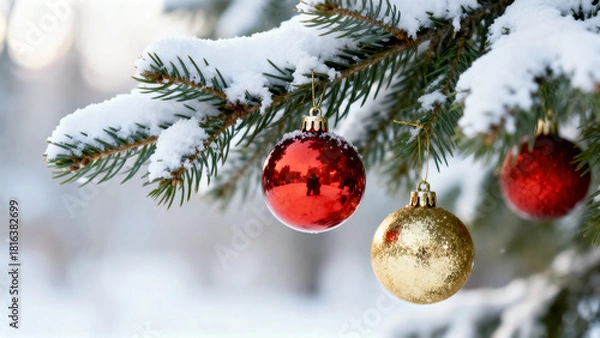 Obraz A tree with three red and gold ornaments hanging from it. The tree is covered in snow