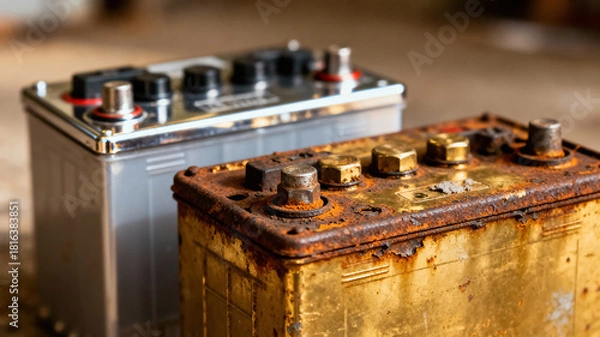 Obraz Two old car batteries, one silver and one gold, sit on the ground. The silver battery is larger and has a more modern look, while the gold battery is smaller and he is rusted